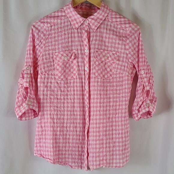 Pink White Plaid Button Down 3/4 Sleeve Top - Picture 1 of 8